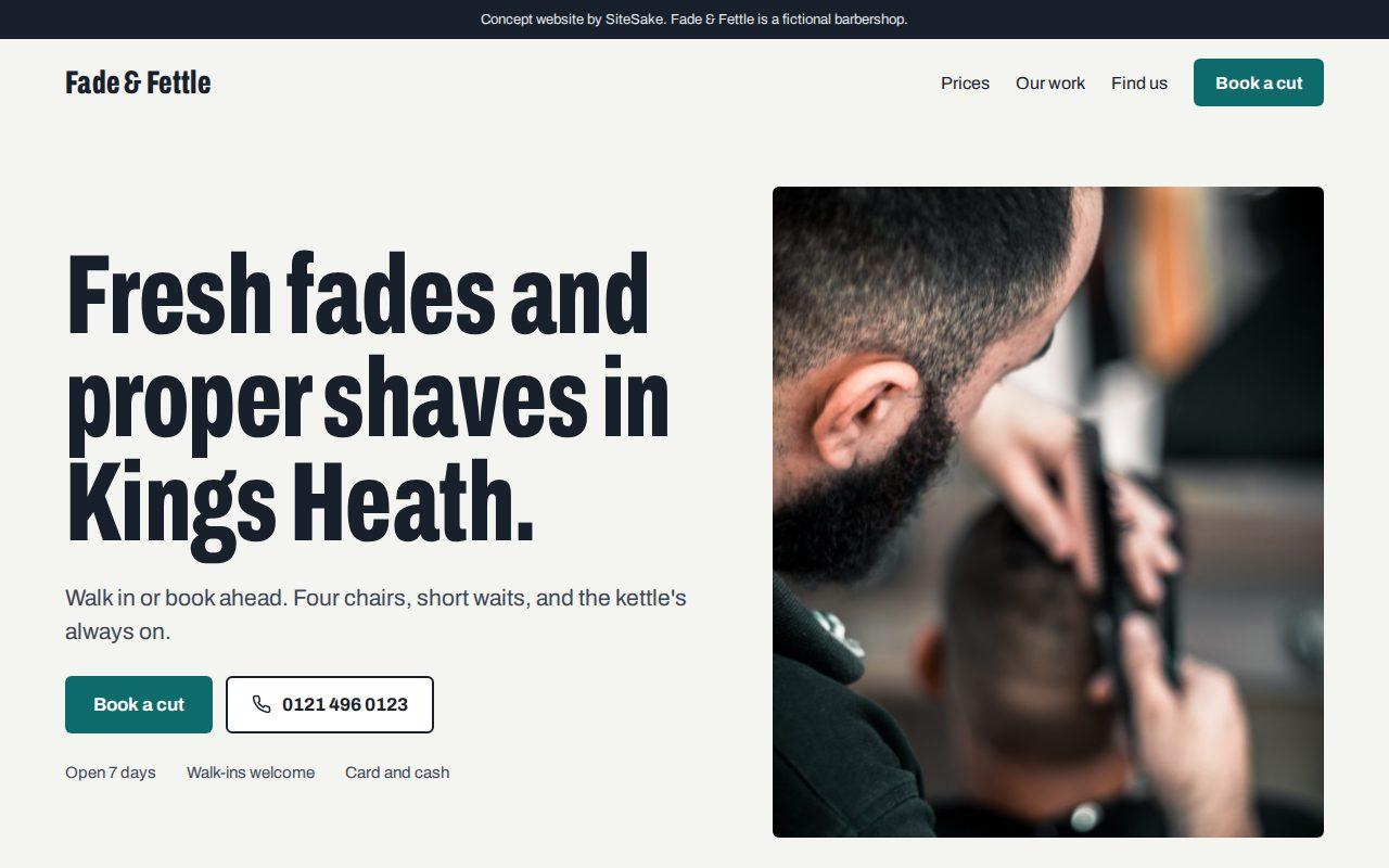 Fade and Fettle barbershop website shown on a desktop screen
