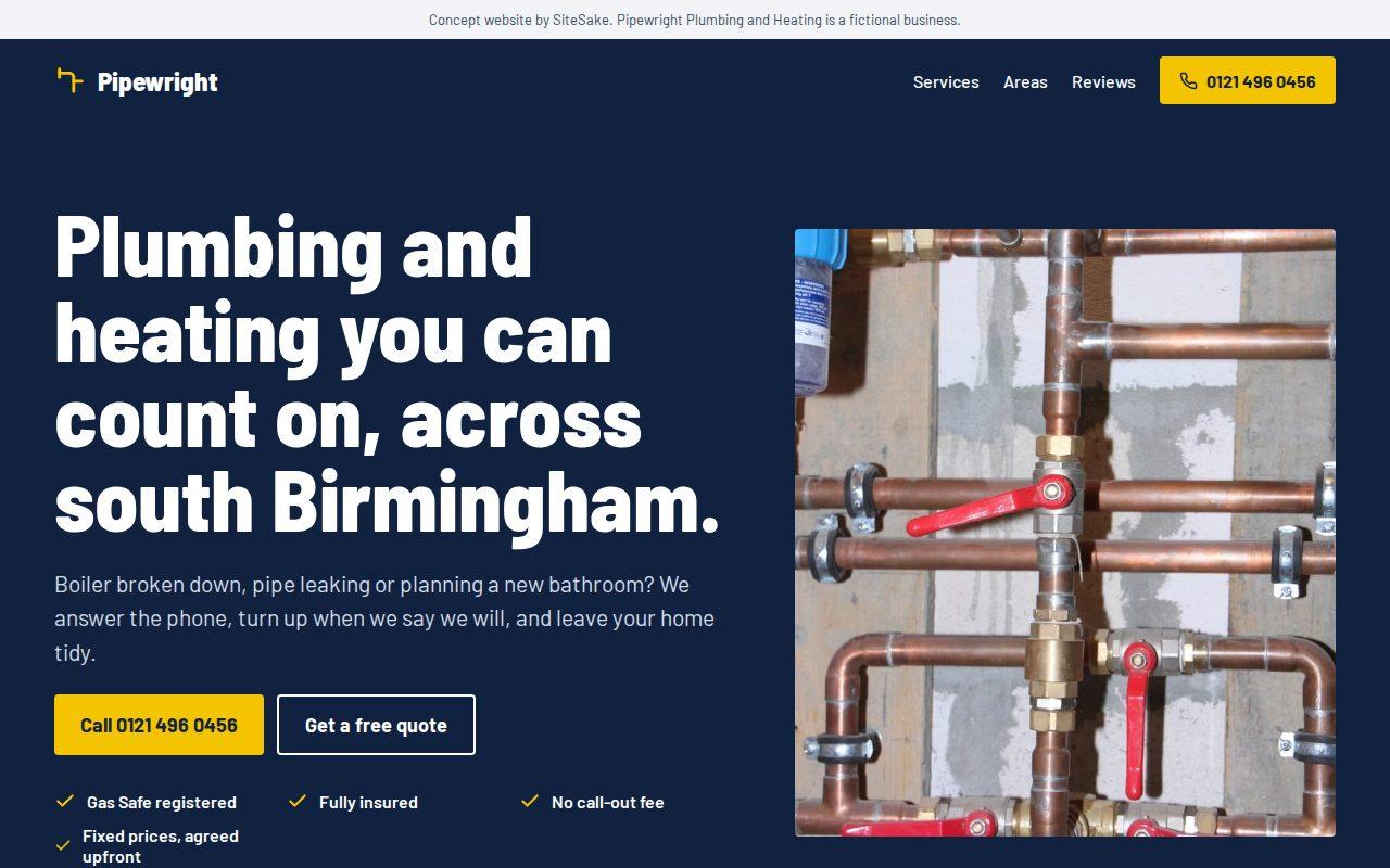 Pipewright plumbing website shown on a desktop screen